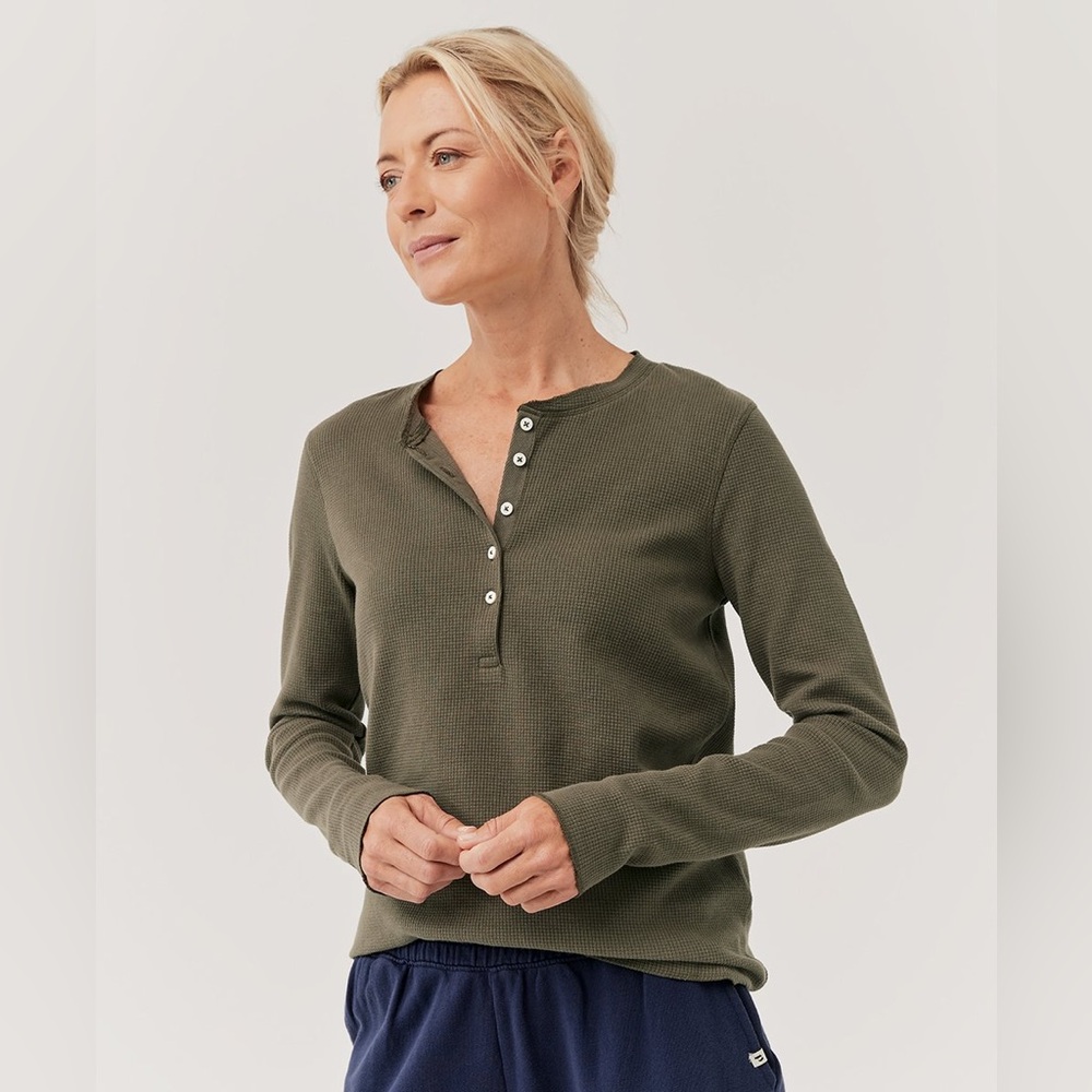 Pact Olive Waffle Henley Long Sleeve Top